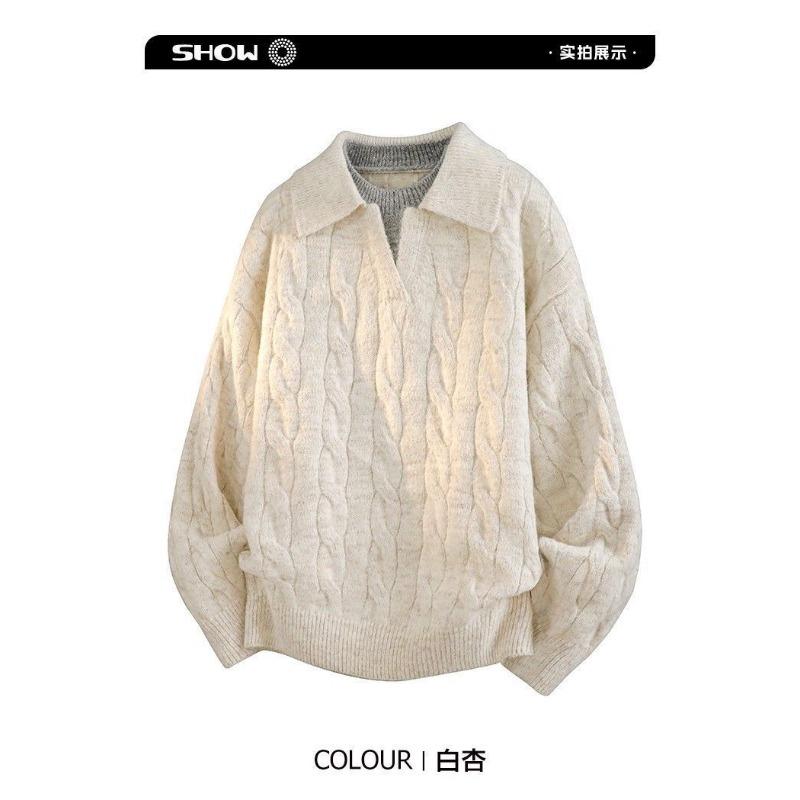 Men Fake Two Piece V Neck Twisted Knit Long Sleeve Casual Polo Sweater