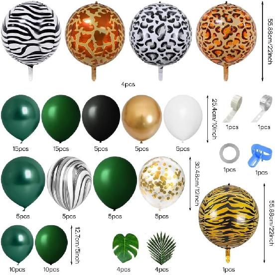 90Pcs Jungle Safari Balloons Arch Kit, Dark Green Gold Black Garland Kit with Animal Foil Balloons Palm Leaves for Wild One Birthday Woodland Party