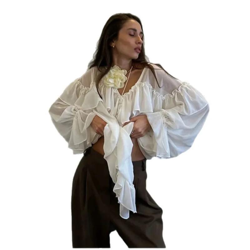 Sexy See Through V Neck Long Sleeve Beach Party Shirt Women's Low Cut Shirt Ruffle Solid Color