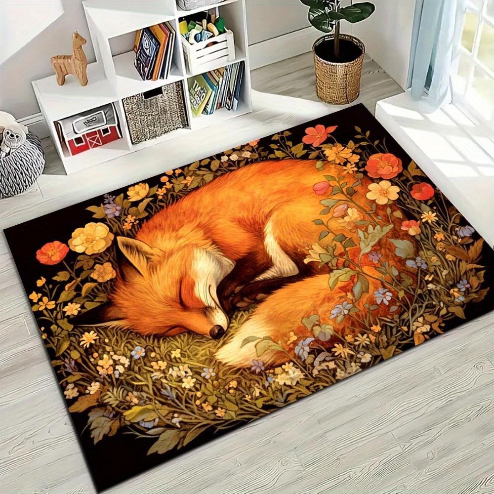Lebhaftes Fuchs-Blumenmuster Teppich Weicher Rutschfester Teppich für Wohnzimmer Schlafzimmer Heimdekoration Innenbodenmatte