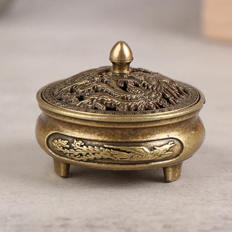 Antique Brasses Pocket Incense Burner Mini Hollow Incense Ornament Ancient Chinese Tea Table Decoration Dragon And Phoenix