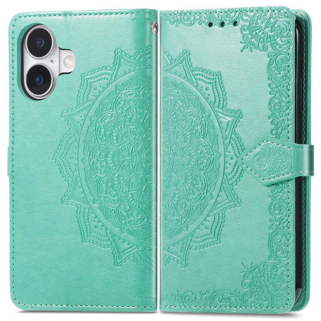 For iPhone 16 Case Embossed Mandala Pattern Leather Phone Cover Wallet Card Slot Holder