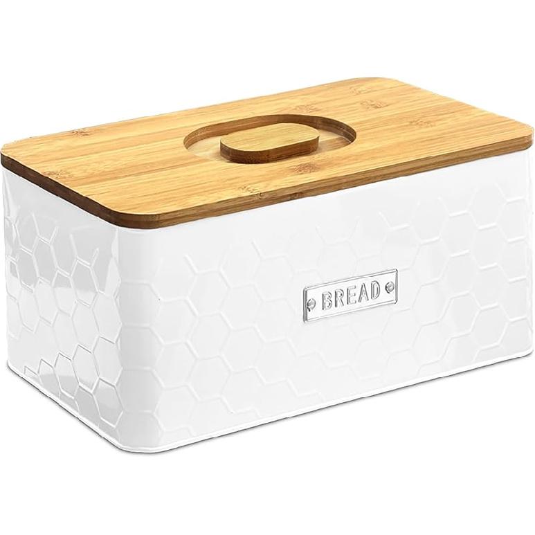 vensovo Хлебница для столешницы Большая белая металлическая хлебница с бамбуковой крышкой-разделочной доской Контейнер для хранения хлеба в деревенском стиле для домашнего хлеба белый 9390₽
