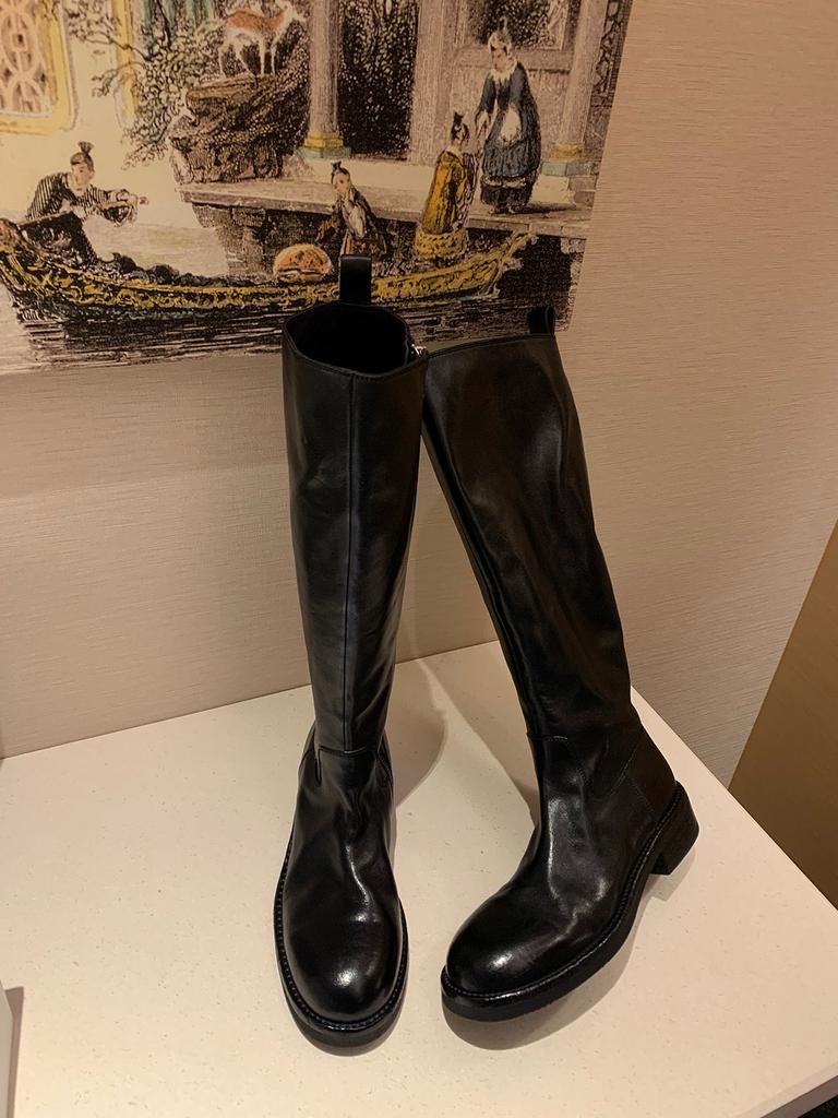 Bottes hautes de cheval en cuir de vachette lavé raisin pour maman, à bout rond, à talon épais, à semelle épaisse, rehaussantes