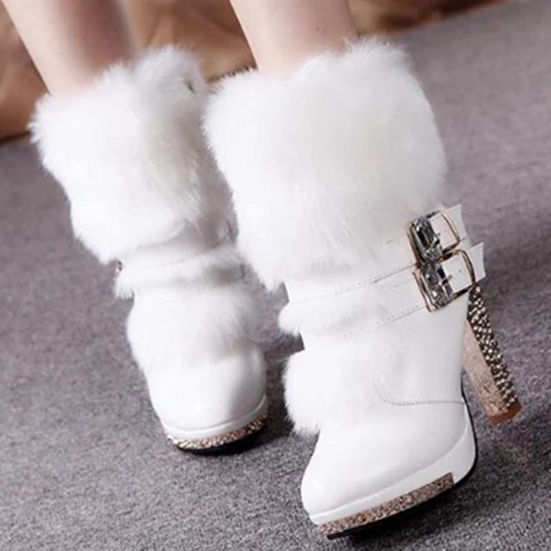 Fur Women Boots Female Thick with High Heel Fur Rhinestone Women's Boots Snow Boots Lady High Heels