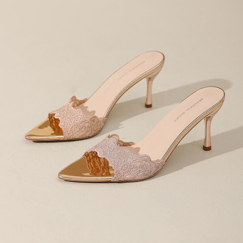 

2025 Новые летние лаконичные женские шлепанцы с острым носком, модные туфли-лодочки на тонком высоком каблуке для вечеринок, мюли, шлепанцы 35 шампанского
