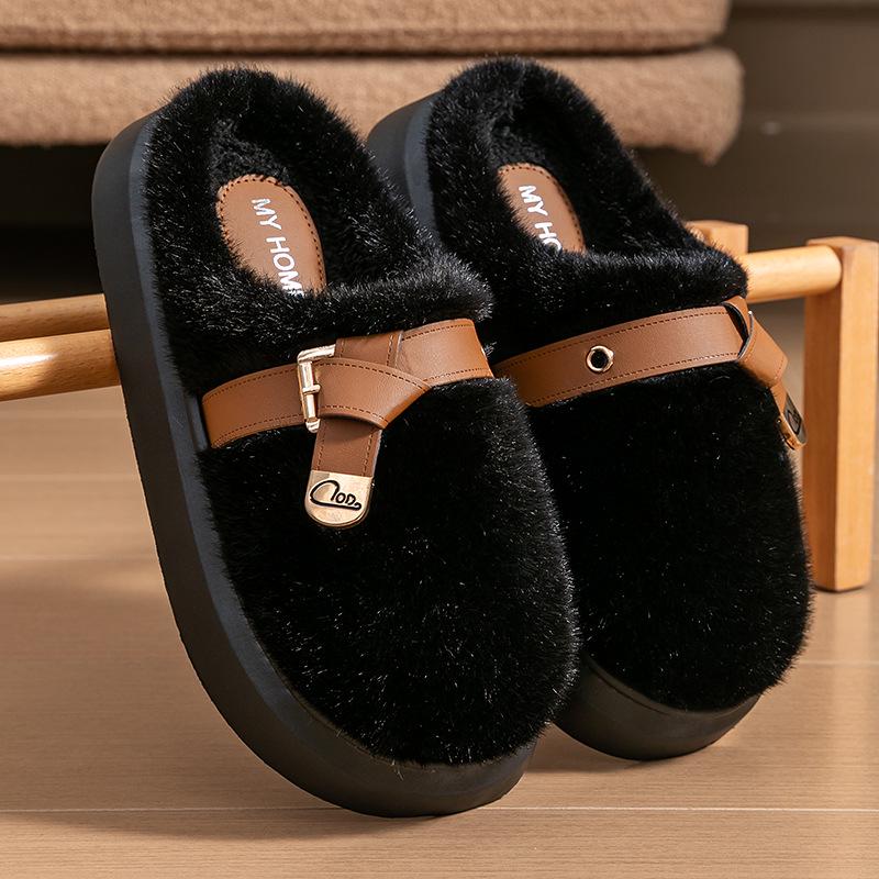 Women's Fluffy Plush Cotton Slippers - Fashionable Buckle, Anti-Slip, Super Warm, Non-Shedding, Thick Sole, Furry Autumn/Winter Style.