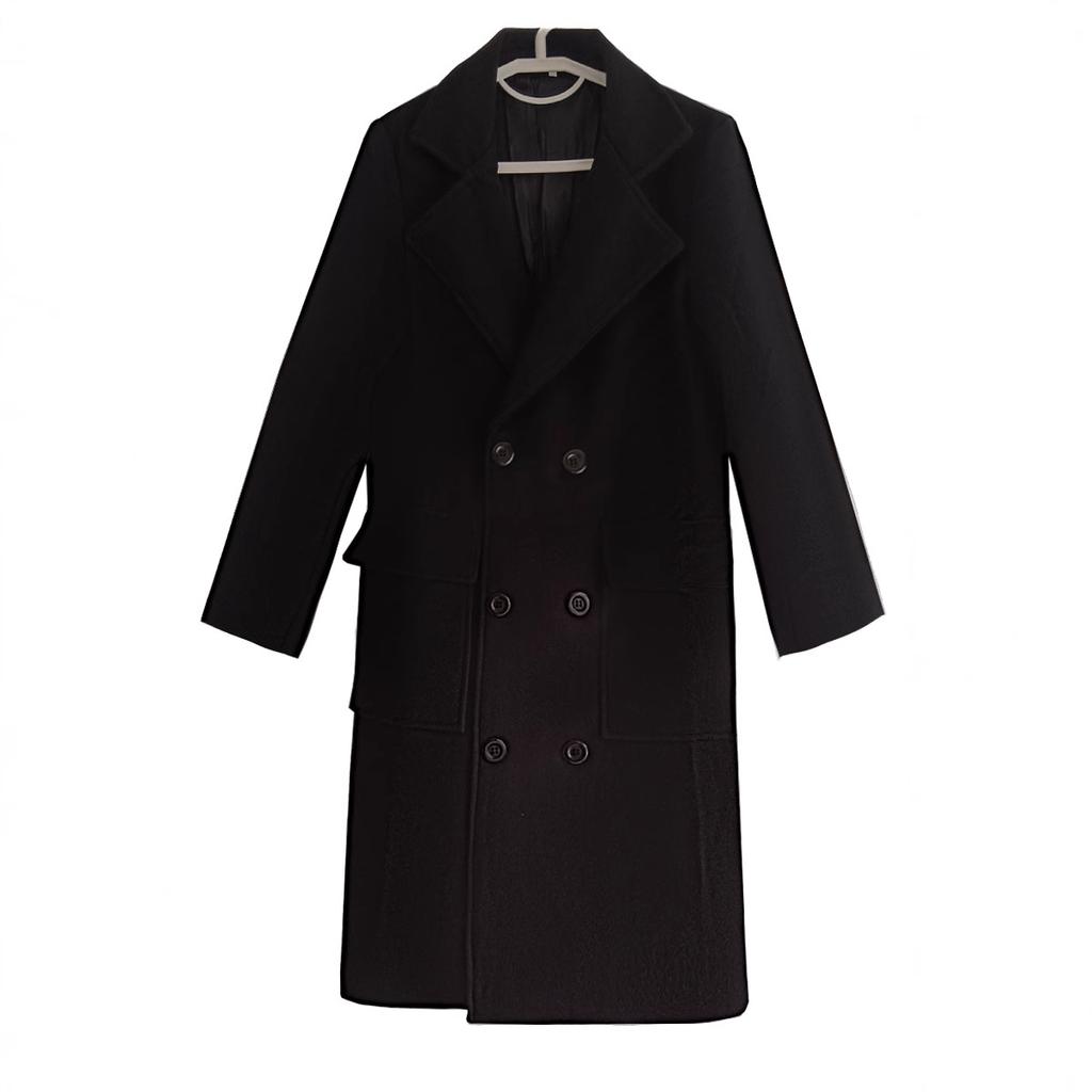 New Men's Double-breasted Solid Color Casual Long Wool Coat Men's Jacket Large Size