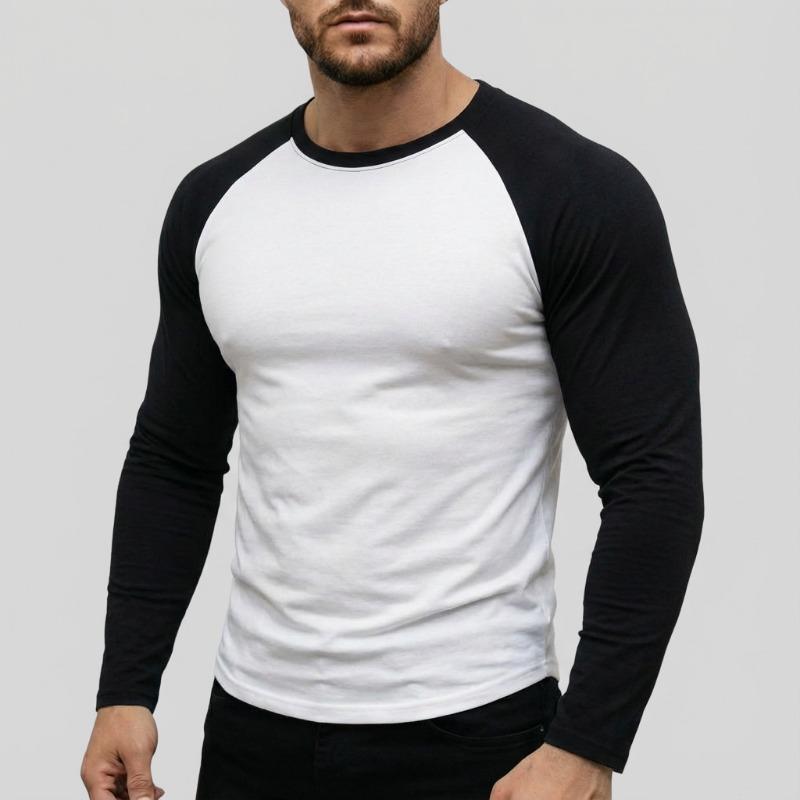 Men Crew Neck Raglan Long Sleeve T Shirt Slim Fit Casual Contrast Color Basic Daily Tops