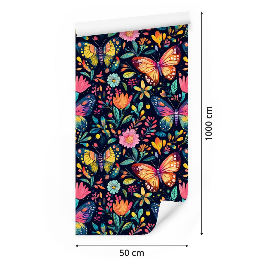 Wallpaper Colorful Butterflies Navy Blue, Turquoise and Burgundy 50x1000