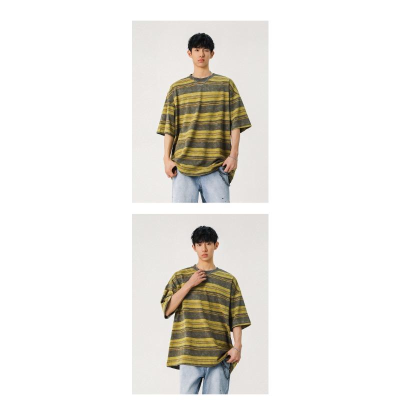 Herren Gestreiftes Lockeres Rundhals Casual Kurzarm T-Shirt