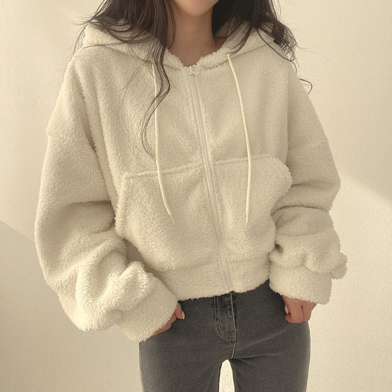 Autumn Winter Loose Casual Lamb Fleece Pullover Hooded Sweatshirt Women Solid Color Warm Zipper Hoodies Outwear Top