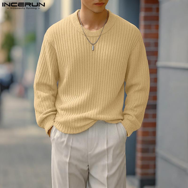 INCERUN Autumn Men Round Neck Long Sleeve Texture Rib Casual Pullover Tops