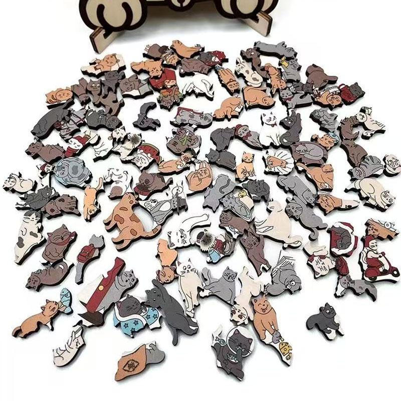 135pcs Cat-shaped Wooden Jigsaw Puzzle Unique Irregular Puzzle Pieces Game Birthday Xmas Gifts for Cat Lovers Home Decorations