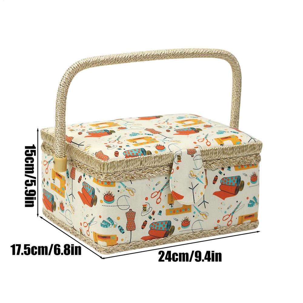 Large Sewing Basket Multi-Compartment With Removable Tray Handle Portable Sewing Organizer Vintage Box For Thread Needles