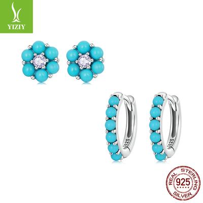 Orecchini a lobo con fiore di turchese semplici, fibbie per orecchie, stile etnico esotico impilati con gioielli in argento 925 Tremella Disponibili.