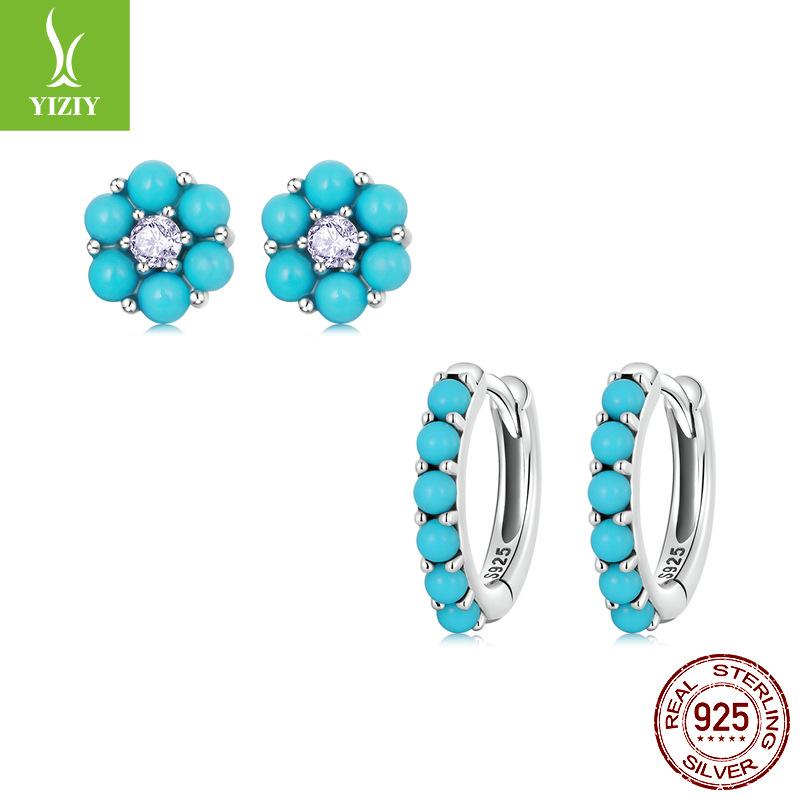 Simple Turquoise Flower Stud Earrings, Ear Buckles, Exotic Ethnic Style Stacked With 925 Tremella Jewelry In Stock.