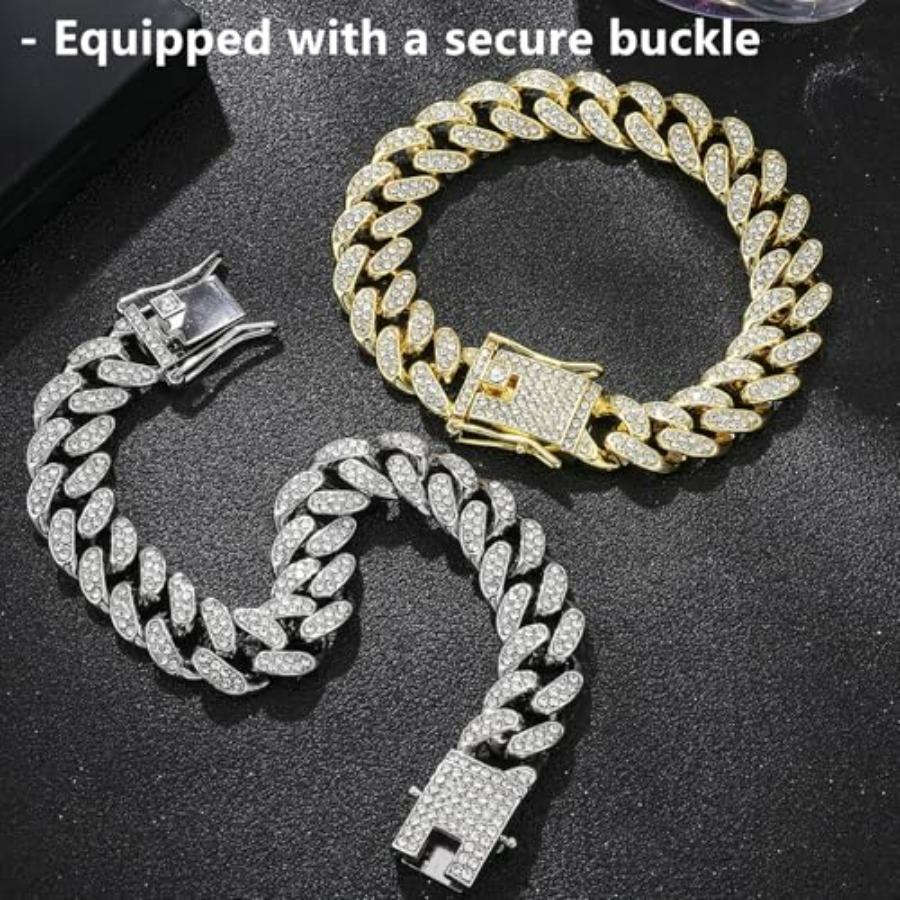 Cat Chain Collar, 2 Pcs Diamond Cuban Link Kitten Walking Collar with Secure Buckle Pet Rhinestones Necklace Metal Chain Jewelr