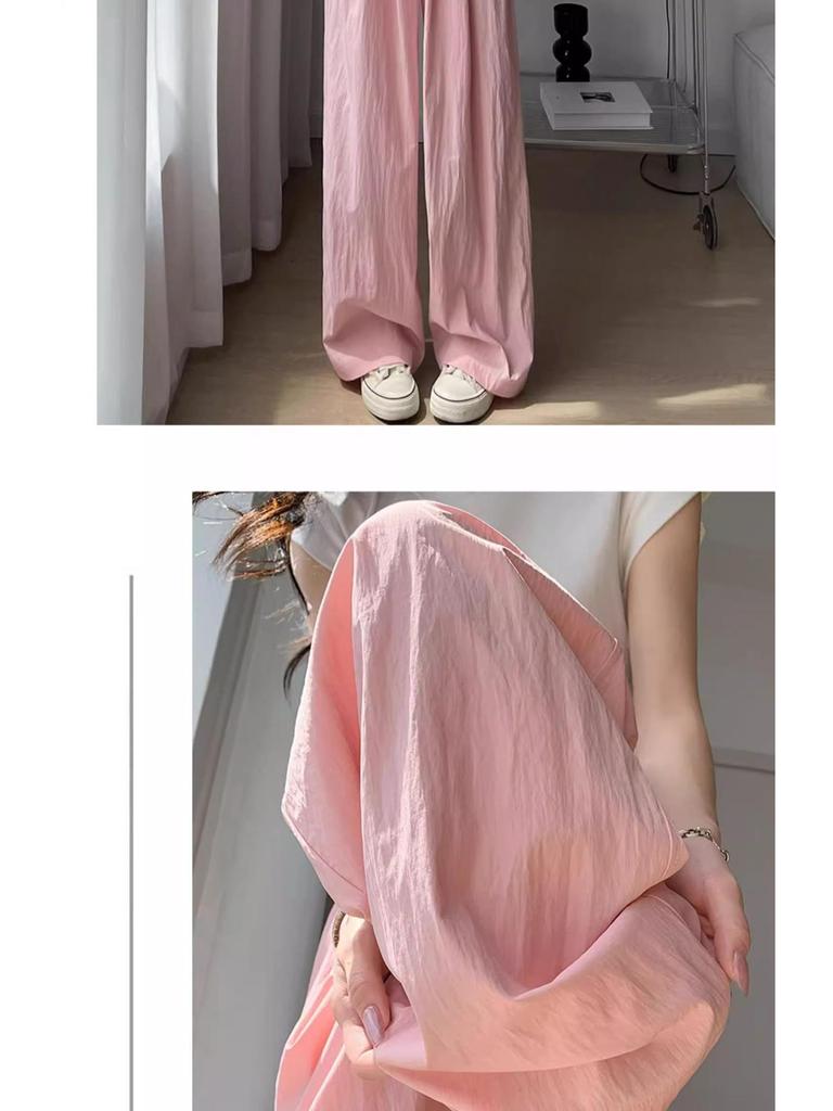 Women's Summer Pink Ice Silk Wide-Leg High-Waist Pants - Petite 145