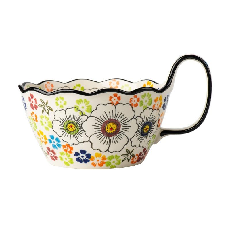 Hand-painted handle bowl Ceramic tableware bowl Household new retro soup bowl Instant noodle bowl Large bowl Salad bowl