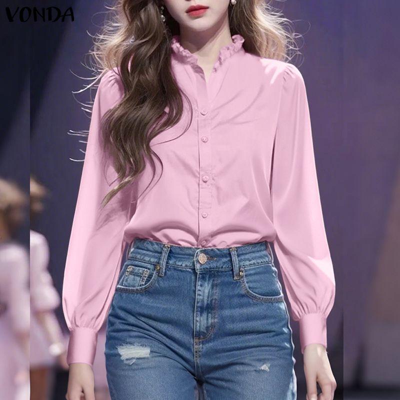 VONDA Elegant Women Casual Ruffled Stand Collar Long Sleeve Solid Color Buttons Blouse