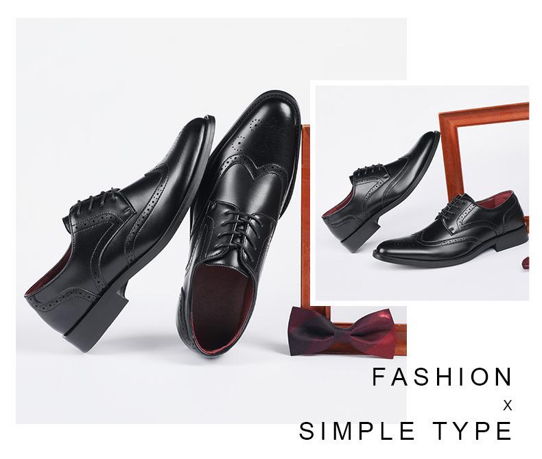 New Men's English Style Hidden Heel Derby Brogue Leather Shoes - Pointed Toe Lace-Up Design for Formal and Casual Wear