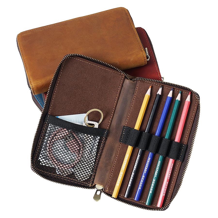 HIMHERCOM Pencil Zipper Pencil Case with Fixed Small Item Large Fountain Pen Retro Fountain Pen Genuine Pencil High School Pen Unisex Case, Leather,