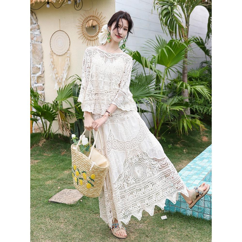 DIMANAF 2025 Women New Suit Skirt Knitting Beach Short Sleeve Lace Hollow Out Sexy O-Neck Hollow Summer Style Tops Tees Loose Basic