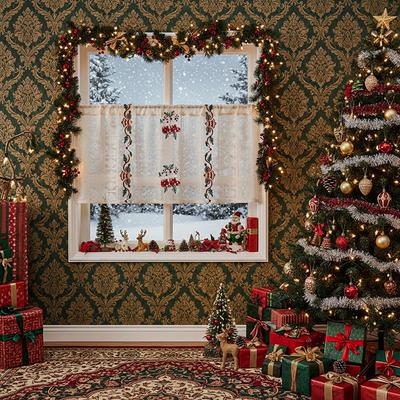 American Christmas Curtain Finished Bell Christmas Theme Embroidered Lace Door Curtain Rectangle Beautification Decorative Coffee Curtain