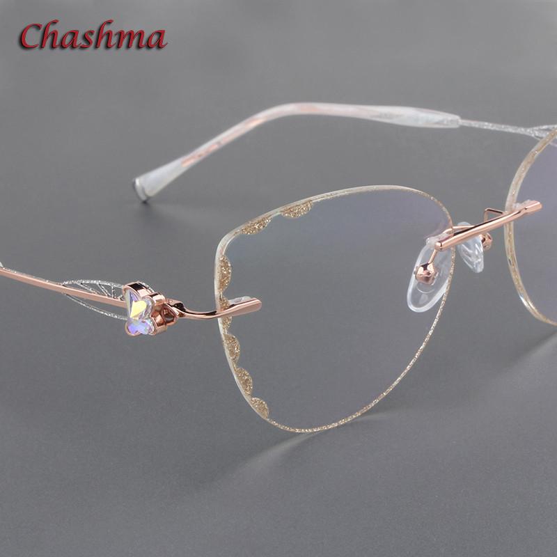 Chashma Cat Eye Titanium Prescrpiton Glasses Diamond Women Rimless Optical Frames Tint Colored Lenses
