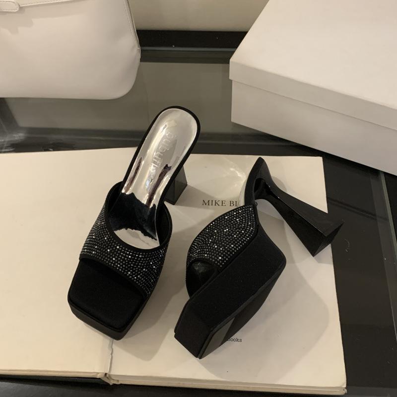 2025 black fashion thick-soled thick-heeled rhinestone decorative sandals women's new summer