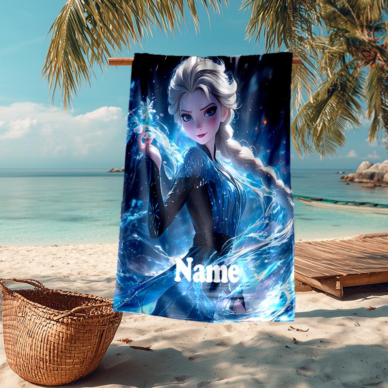 Custom Name Ultra-Soft Beach Towel with Elsa Theme,Ideal for Pool - Camping, Diving - Perfect Travel Essential, Vibrant Beach Towel.