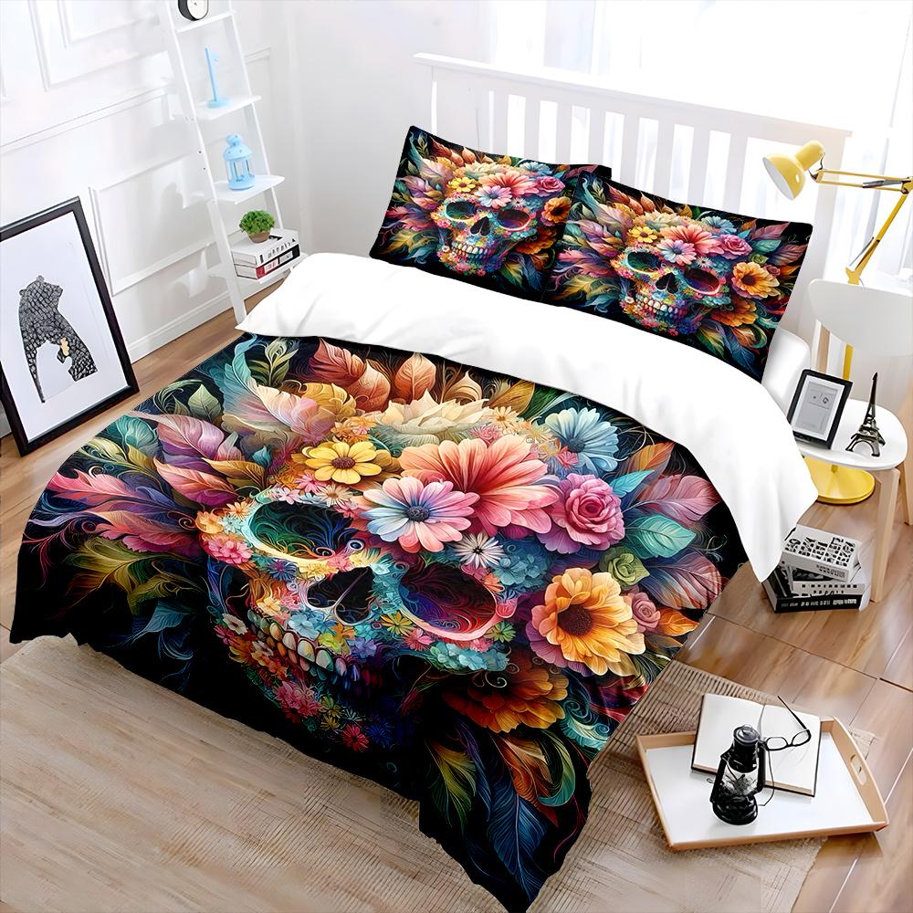Colorful Floral Skull Decoration Print Bedding Set 1 Duvet Cover 2 Pillowcases For Adult And Children Luxury Gift Full Size
