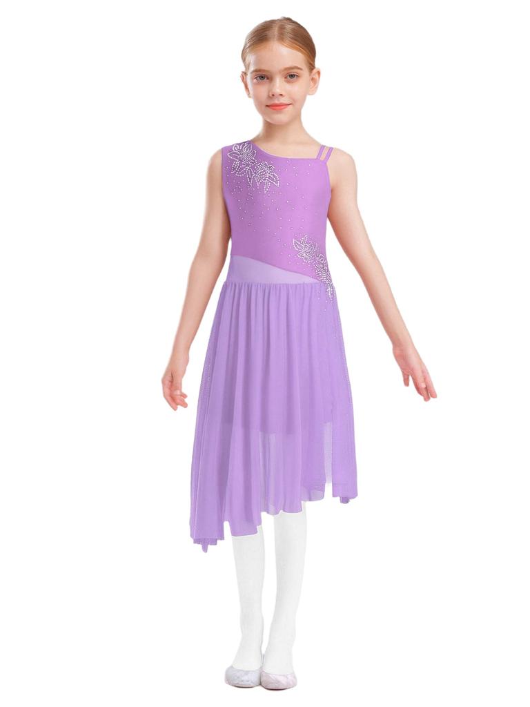 Rochie Dans Liric Fete Fără Mâneci Strălucitoare Strasuri Model Floral Asimetrică Cu Șliț Lateral Rochie de Performanță