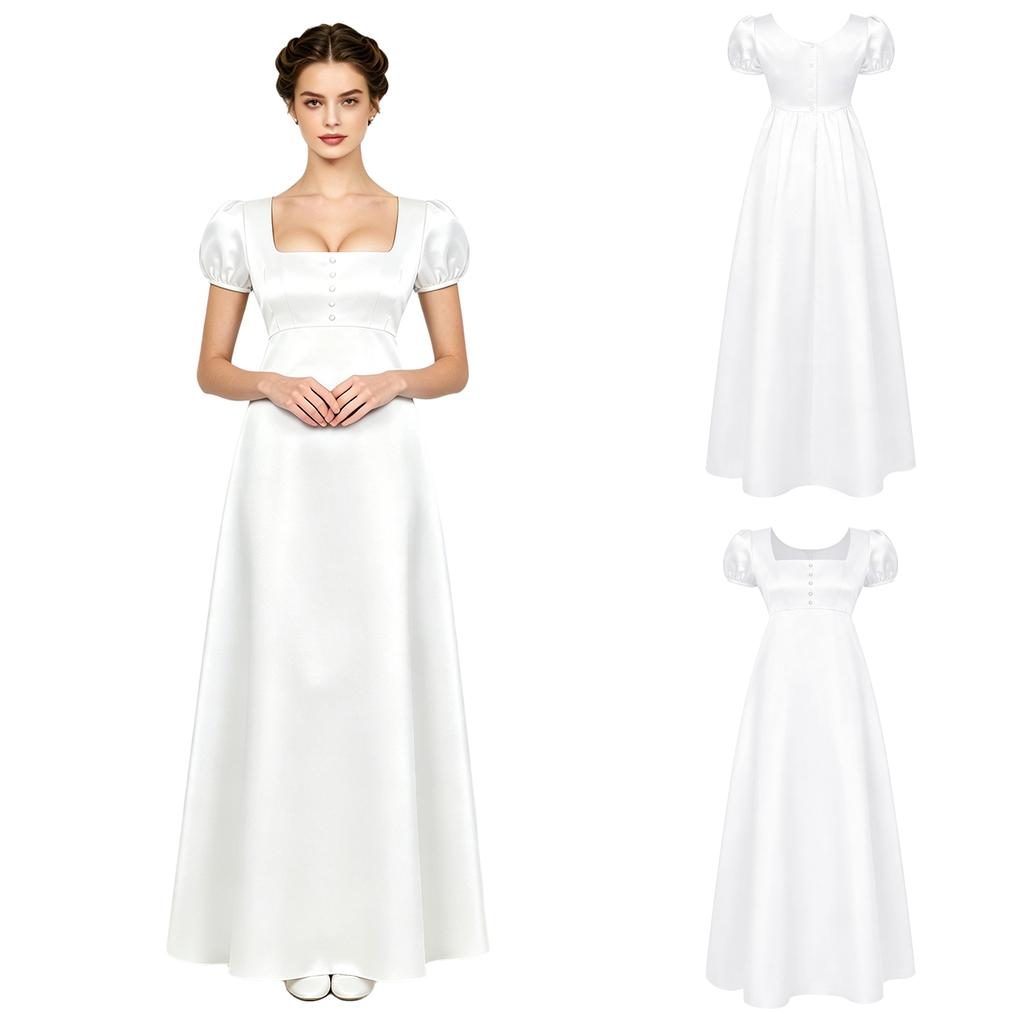 Satin Empire Waist Regency Dress for Women Square Neck Faux Pearls Puff Sleeve Back Button Maxi Gown for Wedding Party