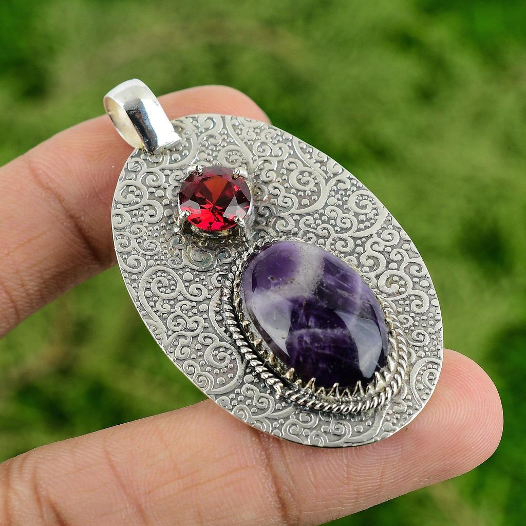 Sterling Silver Oval Chevron Amethyst Stone Mozambique Garnet Pendant Jewelry