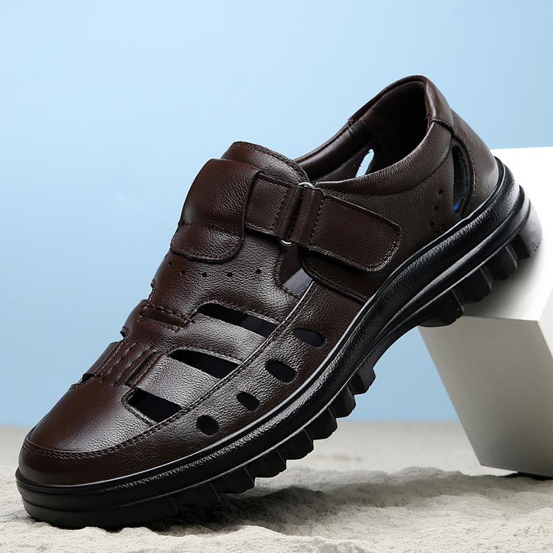 Baotou Sandals Men's Summer Leather Casual Leather Shoes Men's First Layer Cowhide Hollow Hole Shoes Soft Sole Dad Shoes