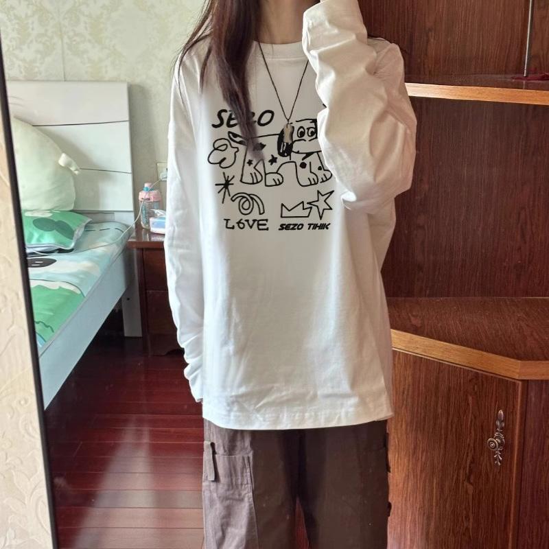 

осенние футболки оверсайз из чистого хлопка, молодежная футболка харадзюку с графическим принтом, женский пуловер, футболка с длинным рукавом, y2k топы, уличная одежда XXXL белый