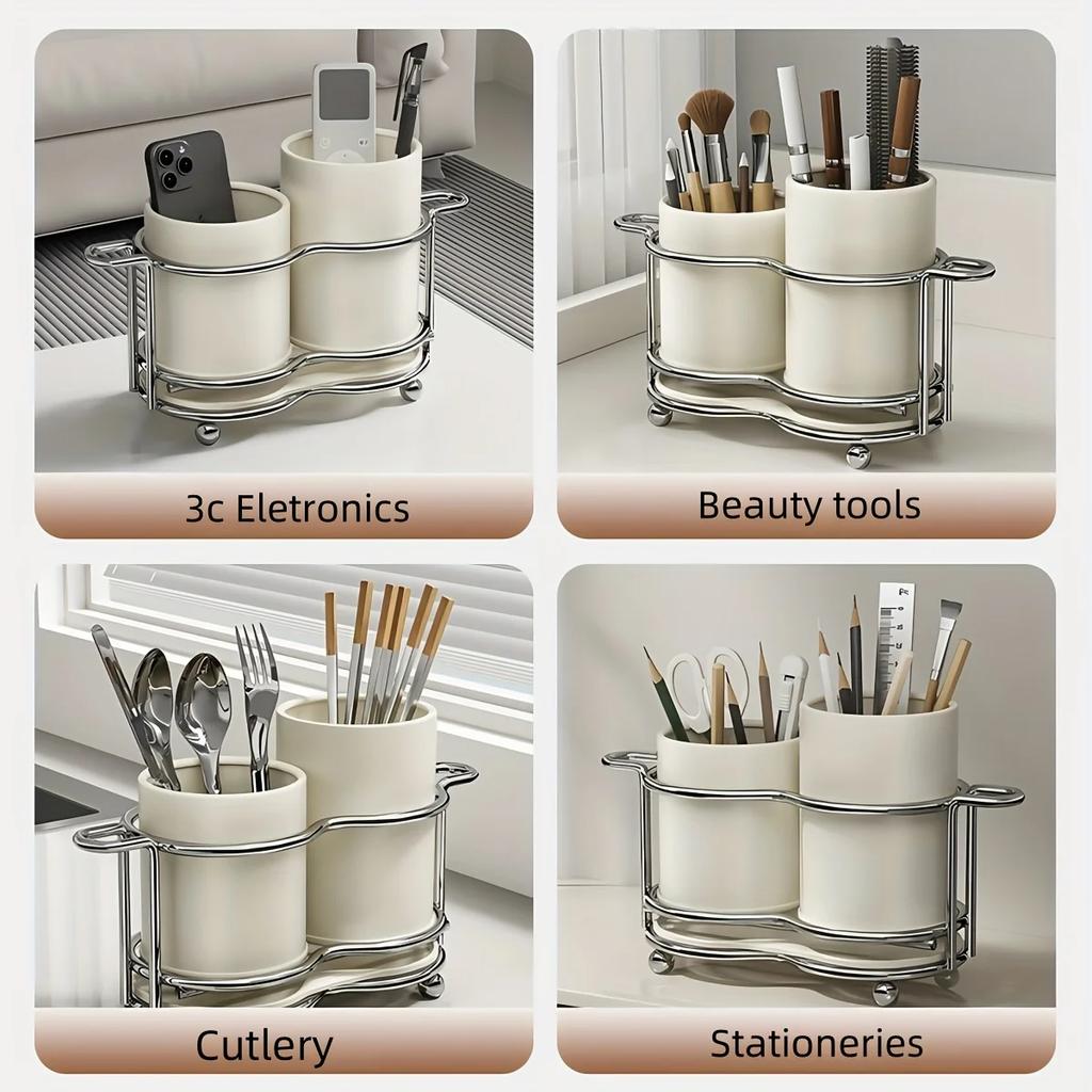 1 Piece of Utensil Rack, Silver Utensil Rack with a Metal Frame, Utensil Rack with 2 Compartments, Kitchen