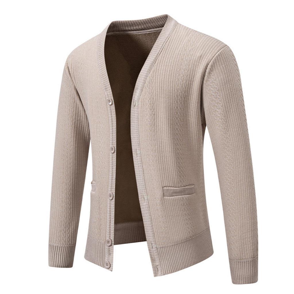 Men's Solid Color Textured Pockets Plush Thick Warm Casual V-neck Sweater Jacket