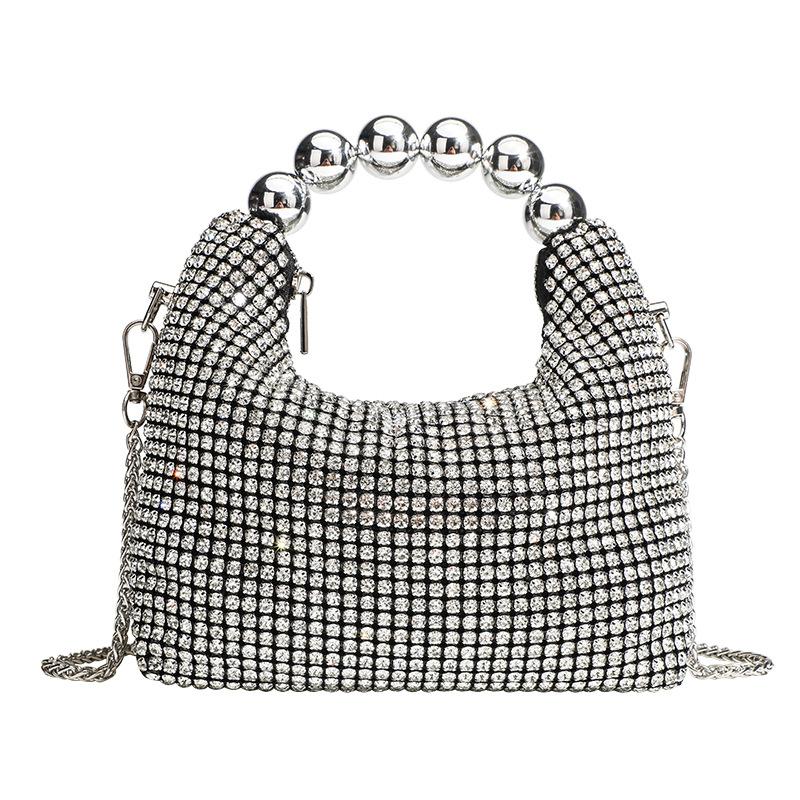 New round bead handbag inlaid brick women's fashion versatile diamond chain rhinestone shoulder bag messenger dinner bag