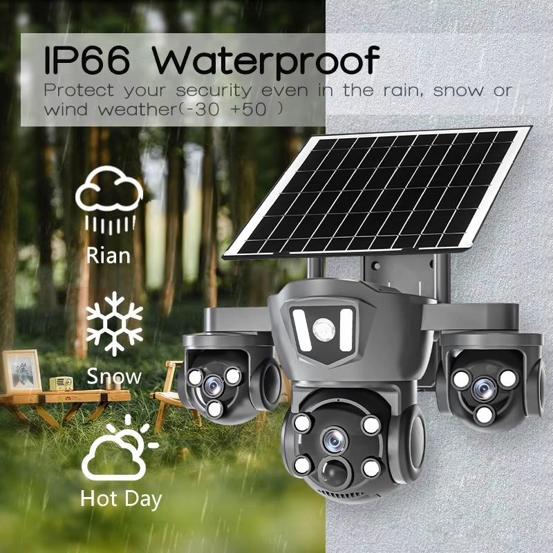 AIOOK Triple Lens 4G CCTV HD 15MP Solar Camera Outdoor Waterproof V380 Pro Camera Mobile Tracking Night Vision Lights Alarms