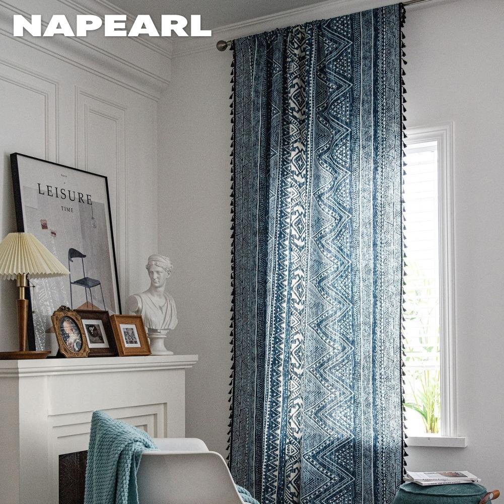 1PC NAPEARL Bohemian Style Blue Geometric Print Curtain with Fringe Semi Blackout for Small Windows Balcony Home Decor