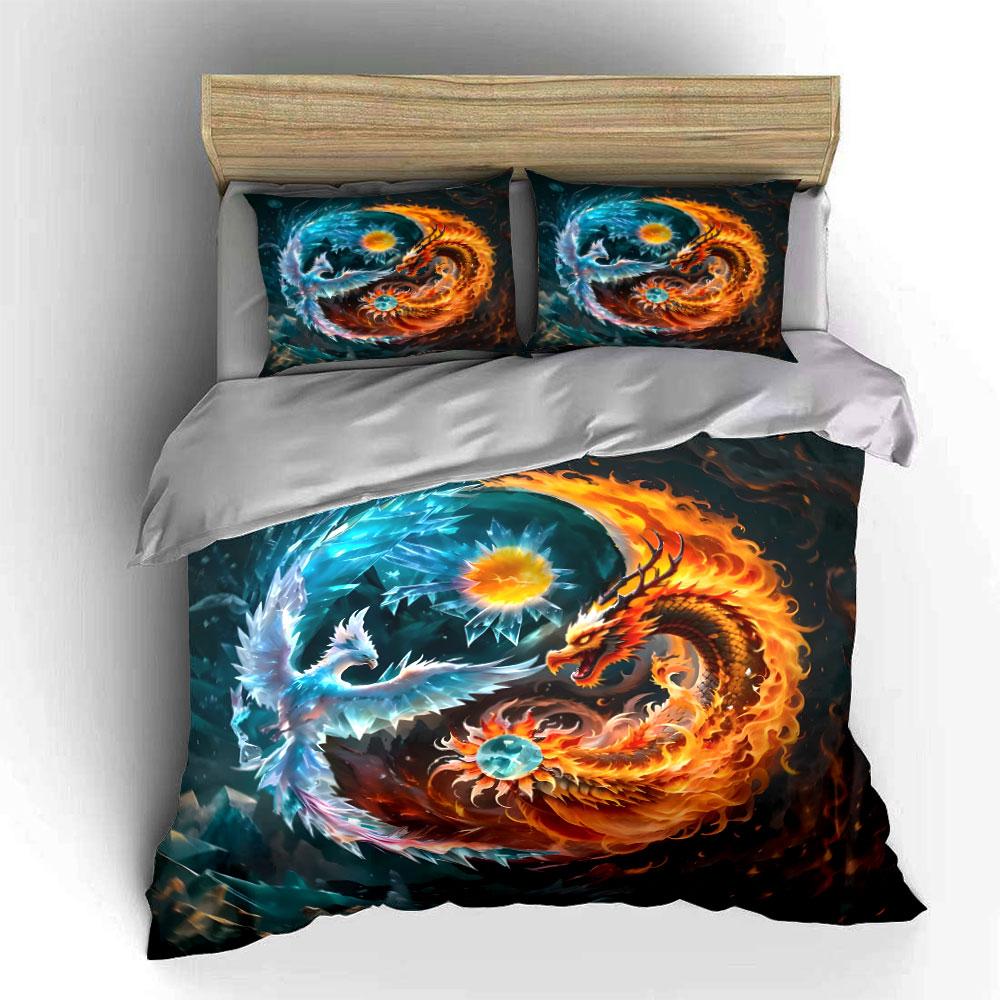 Fire And Ice Dragon Design Set Bedding Set With 1 Duvet Cover 2 Pillowcases Single Double King Queen, Gift
