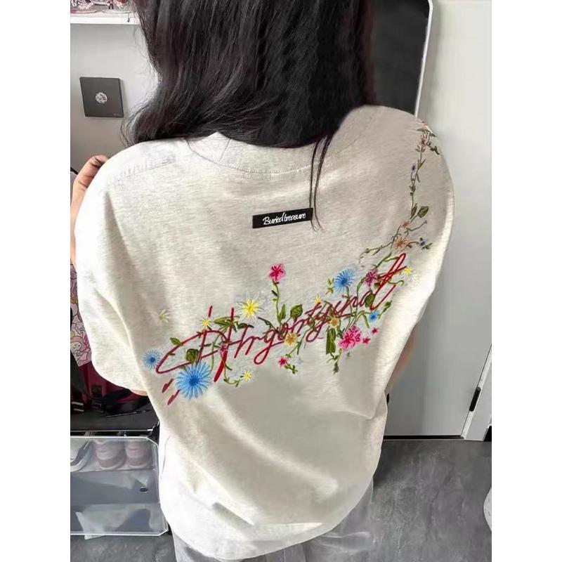 

Чистый хлопок, короткий рукав, свободная футболка большого размера для женщин, дизайн, вышитые цветочные топы для лета, новый стиль, женский студенческий стиль 2XL белый