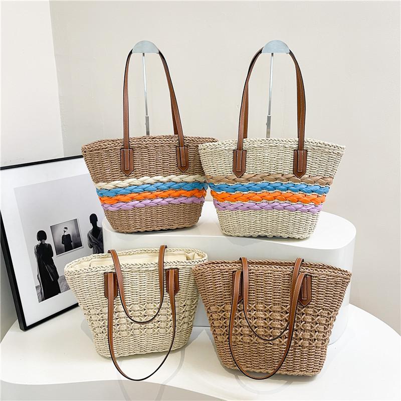 Summer new fashion niche design popular vegetable basket contrasting color straw bag shoulder women's bag