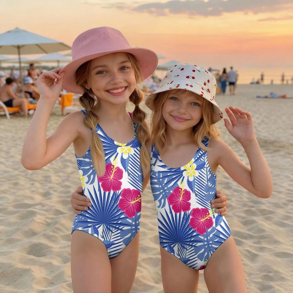 Girls One Piece Swimsuit Hawaiian Floral Print Summer Swimwear Kids Casual Beachwear Pool Outfit for Children
