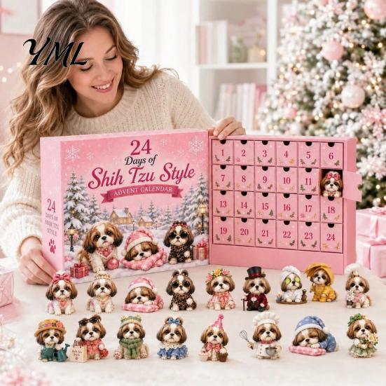 Kreative Weihnachts-Raumdekoration Shih Tzu Adventskalender, 24-Tage Countdown Spielzeug-Set mit Mini-Hund 24 Tage Festliche Dekorationsfiguren, Baumhänge-Dekoration,