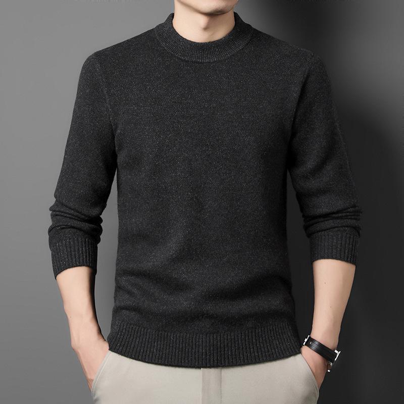 Men s 2025 Winter Pure Wool Sweater - Thick 490g, Warm Round Neck Base Layer L