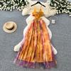 Holiday style smudged neck suspender dress women's summer V-neck waist careful mesh fairy temperament long dress